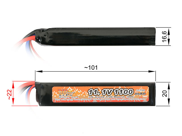 Batteri LiPo 1100mAh 11,1V 15/30C - T-stik