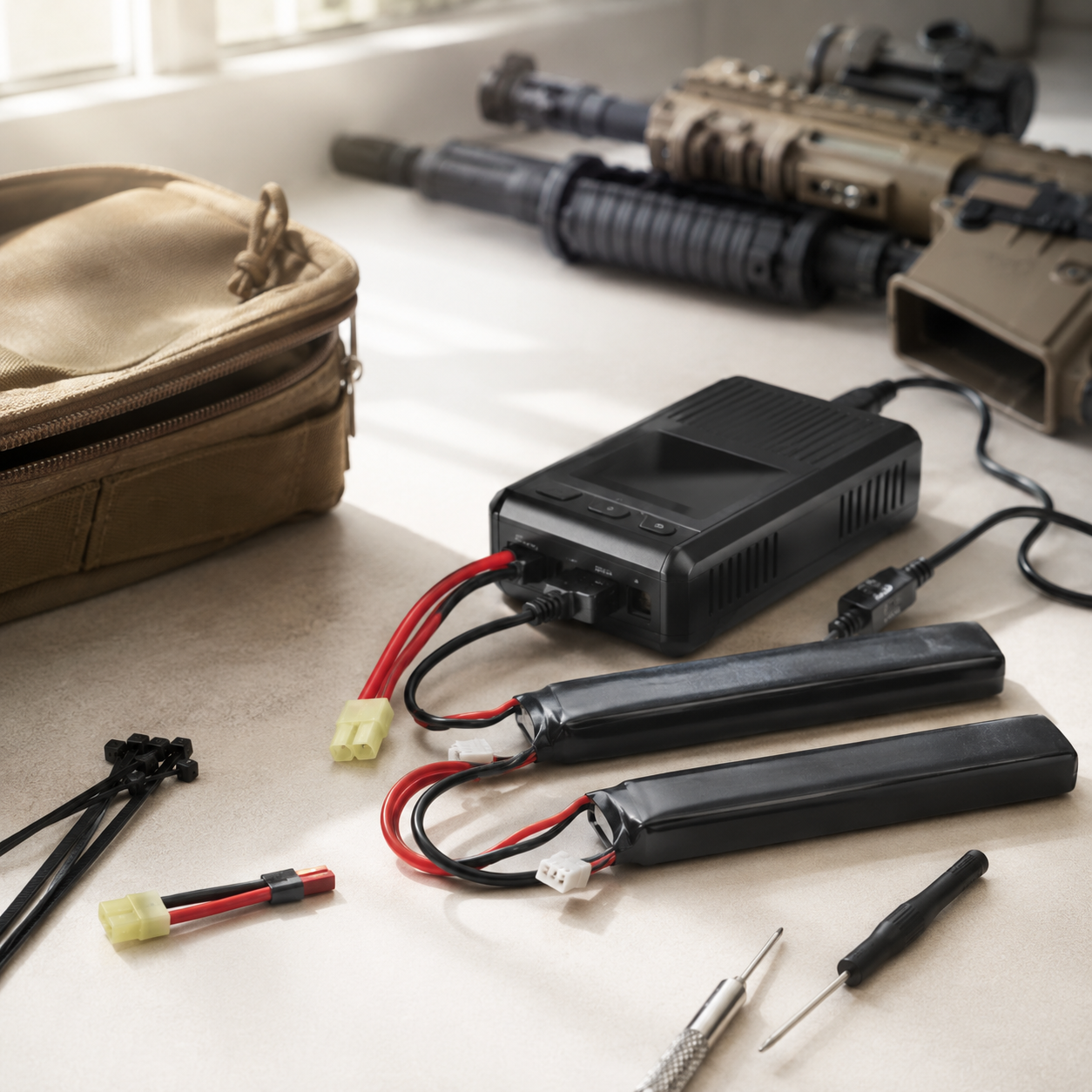 Airsoft batterier, oplader og stiktyper til AEG våben ved siden af taktisk udstyr