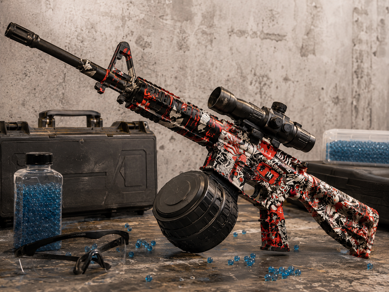 Gel blaster riffel med tromlemagasin og gelkugler i råt miljø hos AirsoftGeek
