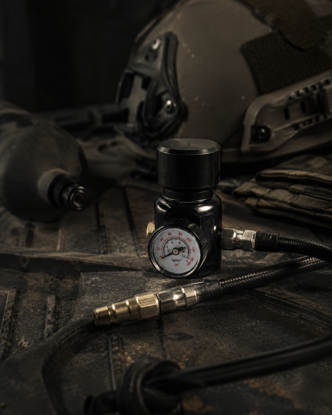 HPA slange og regulator til airsoft setup på taktisk arbejdsbord