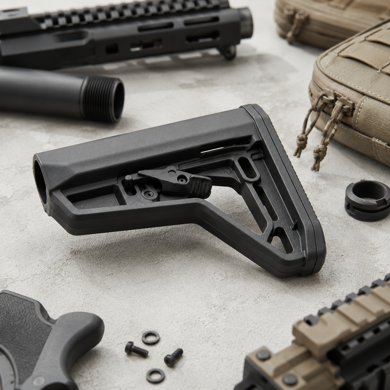 Justerbar airsoft kolbe til M4 og M16 rifle med taktiske reservedele og udstyr på arbejdsbord