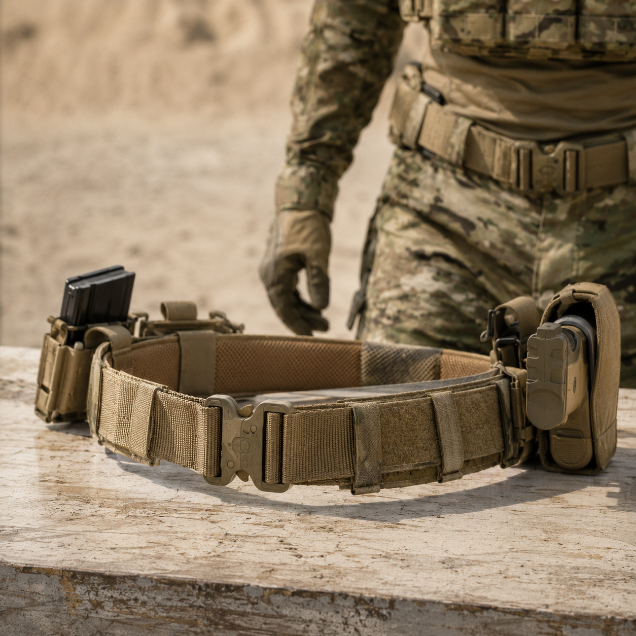 Taktisk airsoft bælte med pouch og udstyr på bord foran spiller i camo uniform