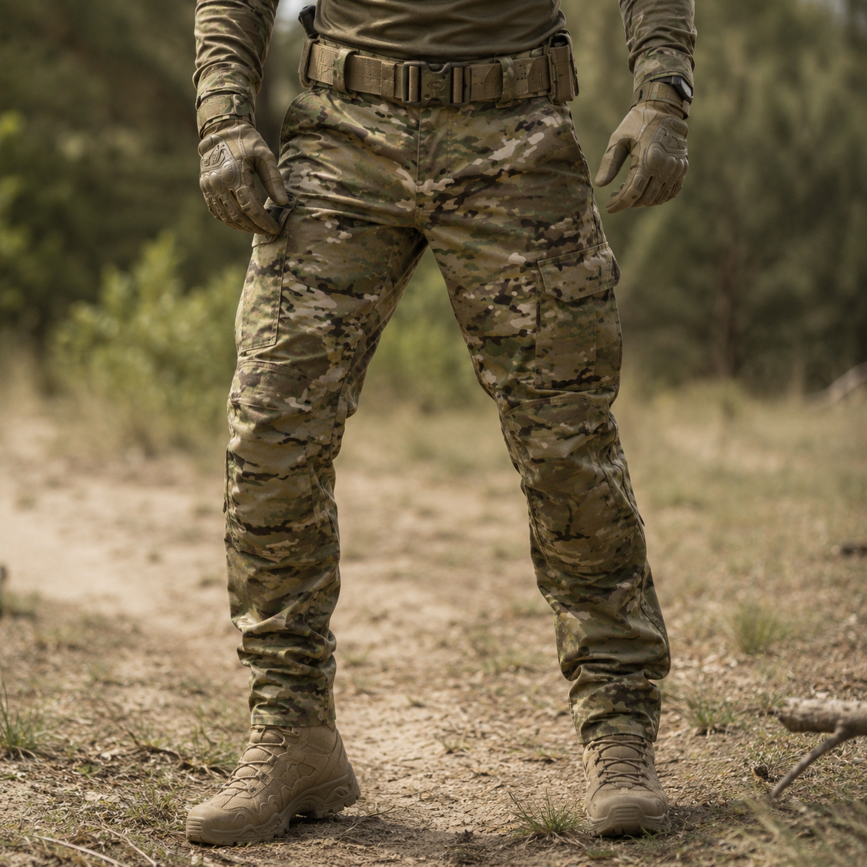 Airsoft spiller med camo kampbukser og taktiske støvler i udendørs terræn