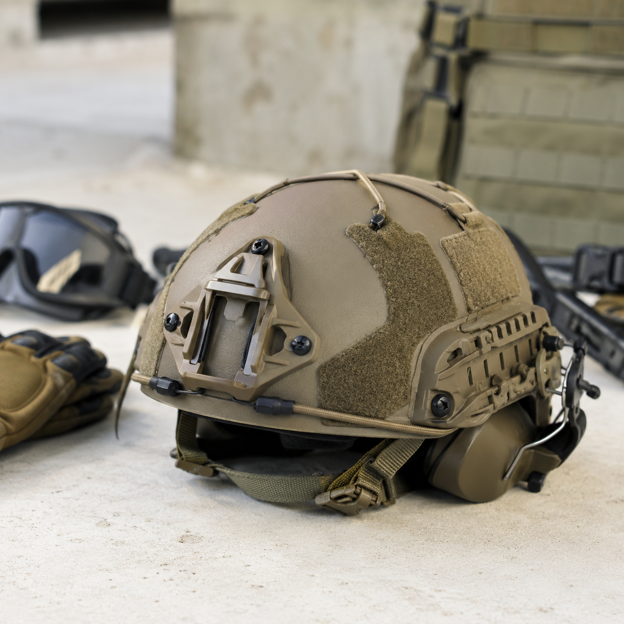 Tan airsoft hjelm med goggles og taktisk udstyr på bord