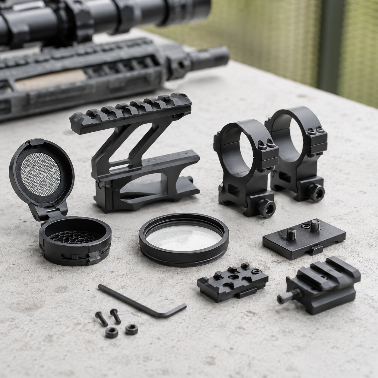Airsoft sigte tilbehør med rail forhøjer, montageringe og smådele til optik setup