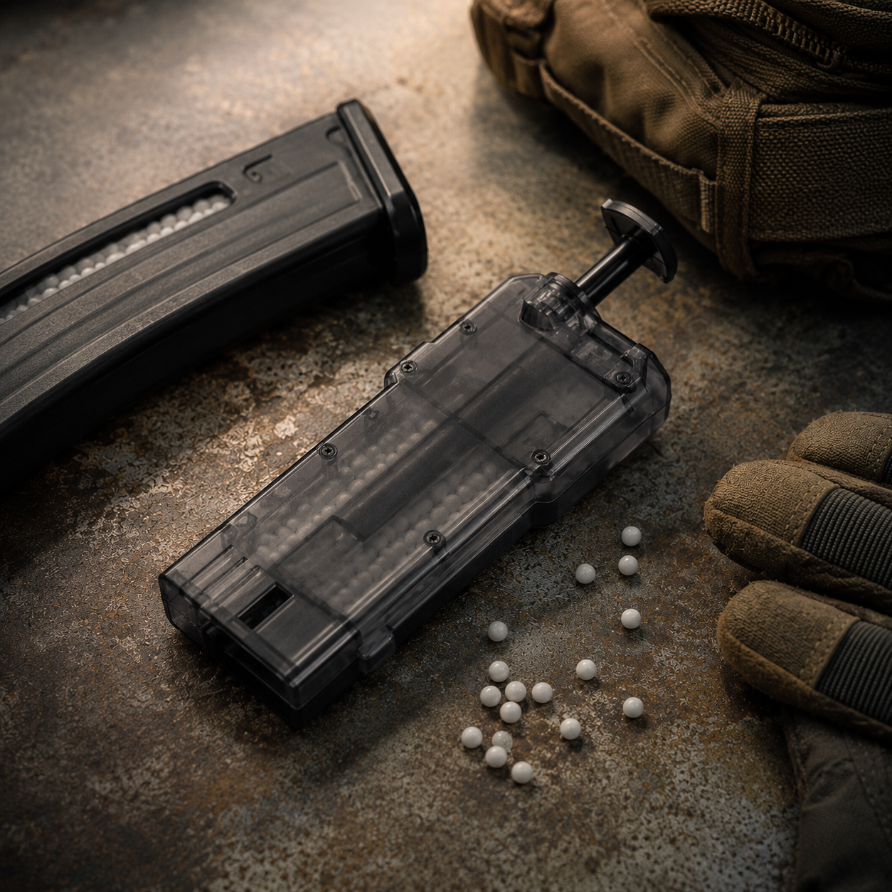 Airsoft speedloader med løse BB kugler og magasin på slidt bord