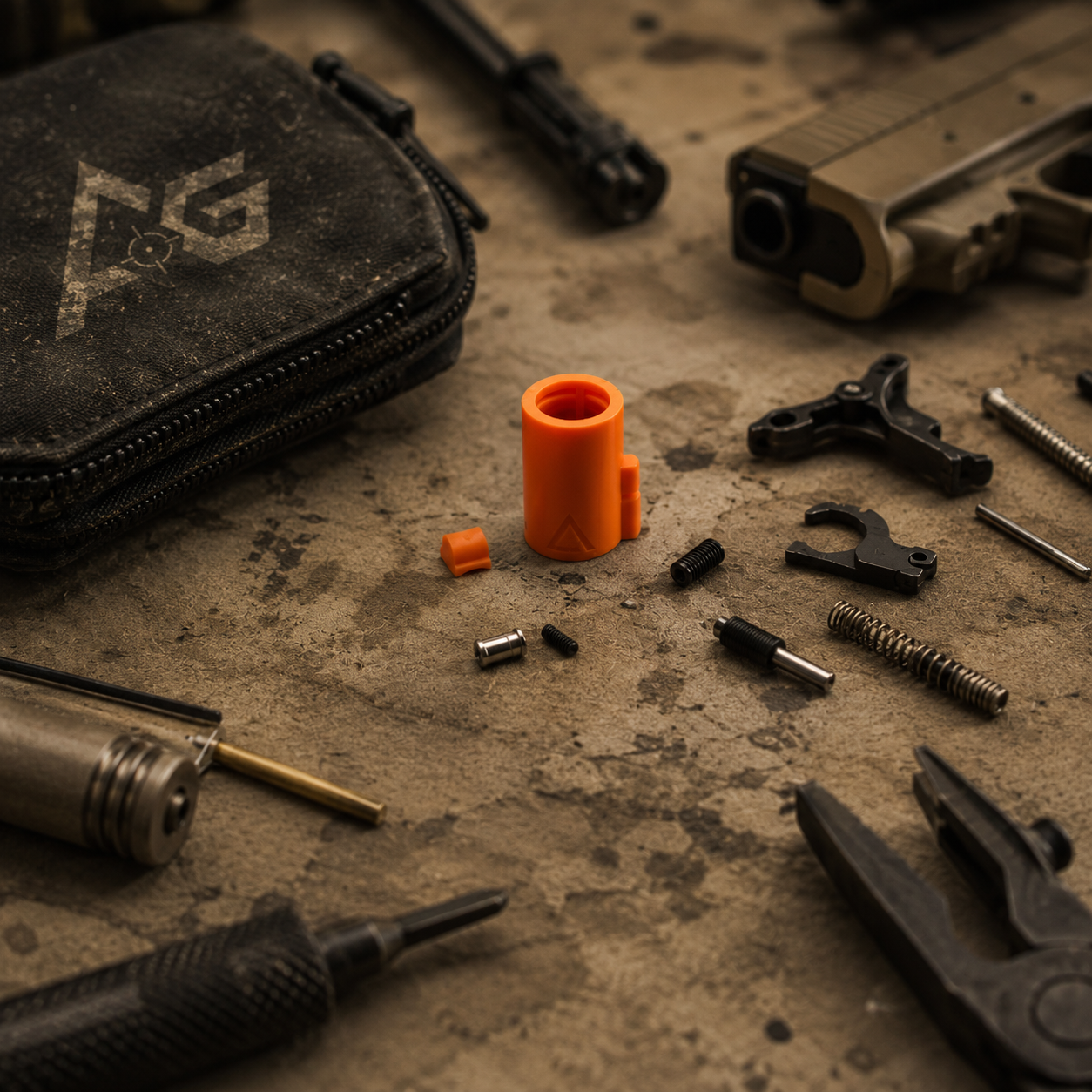 Airsoft AEG reservedele og tuningdele på taktisk arbejdsbord