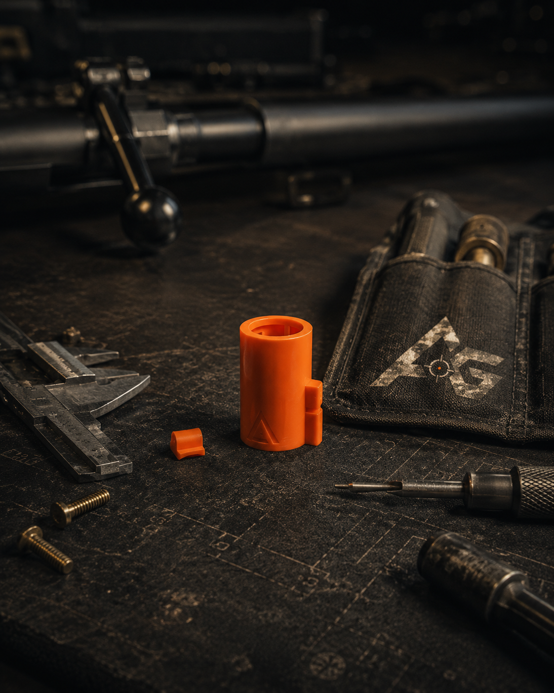 Airsoft sniper reservedele og tuningdele på taktisk arbejdsbord