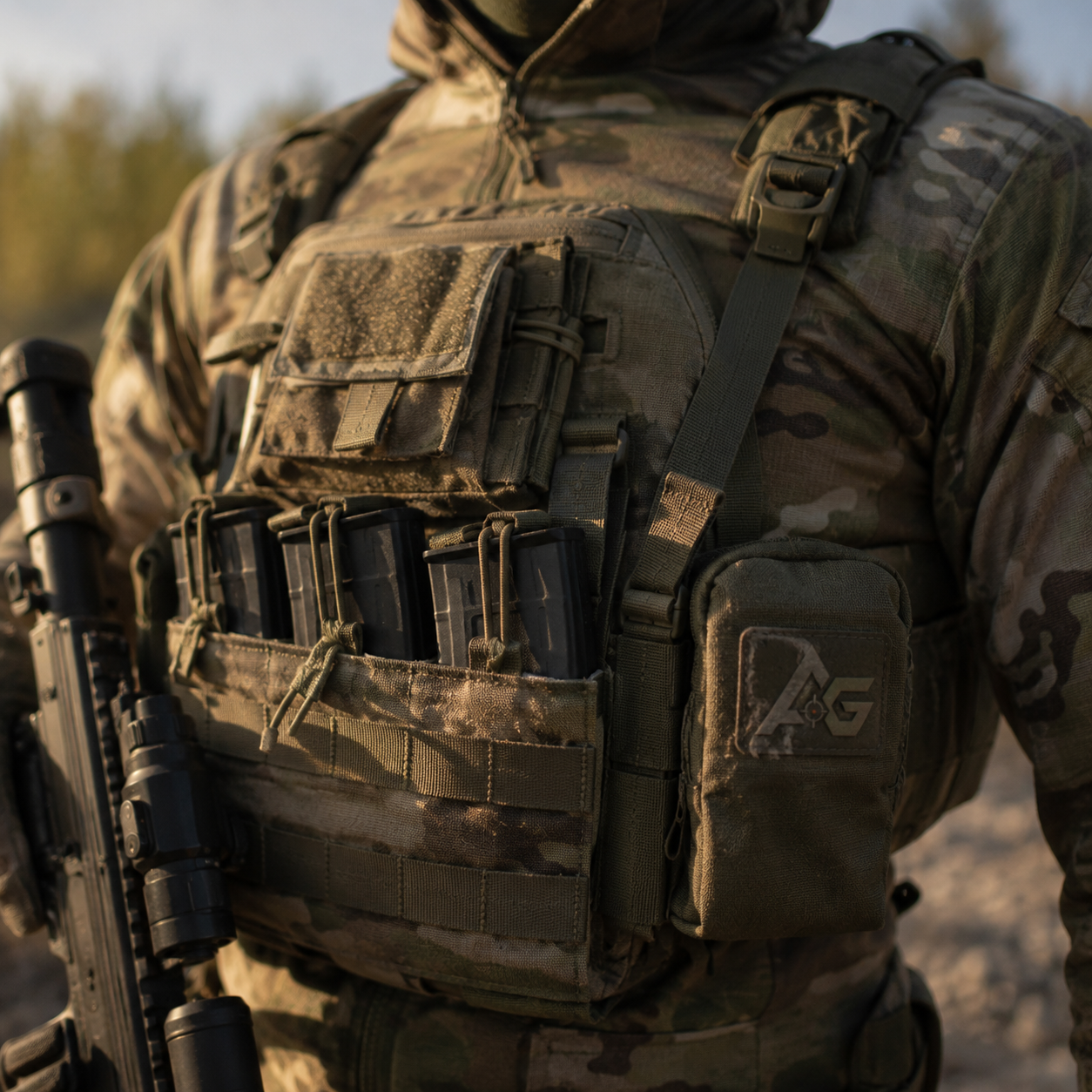 Taktisk airsoft vest med chest rig og MOLLE-system til hardball loadout
