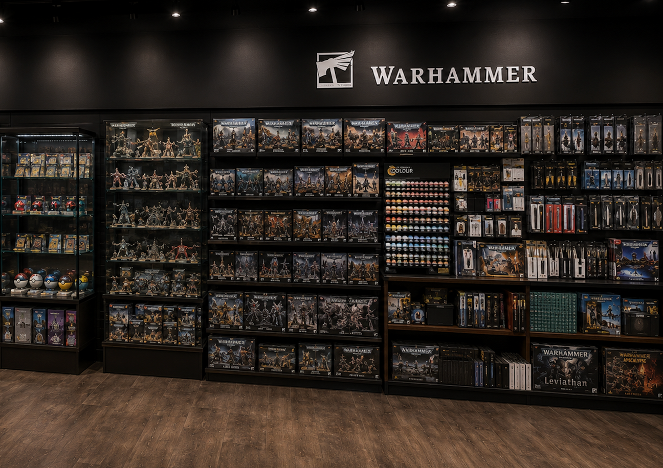 Warhammer-miniaturer, startsæt, maling og hobbytilbehør i butiksdisplay