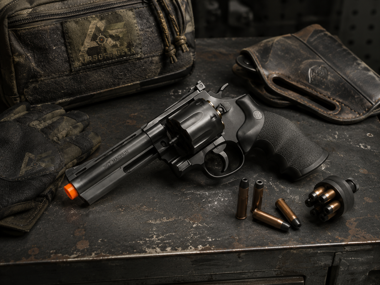 Sort airsoft revolver med patronhylstre og hylster i taktisk miljø hos AirsoftGeek