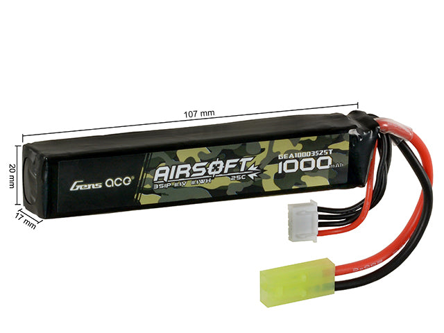 Gens Ace 25C 1000mAh 3S1P 11.1V Airsoft LiPo Batteri mini Tamiya