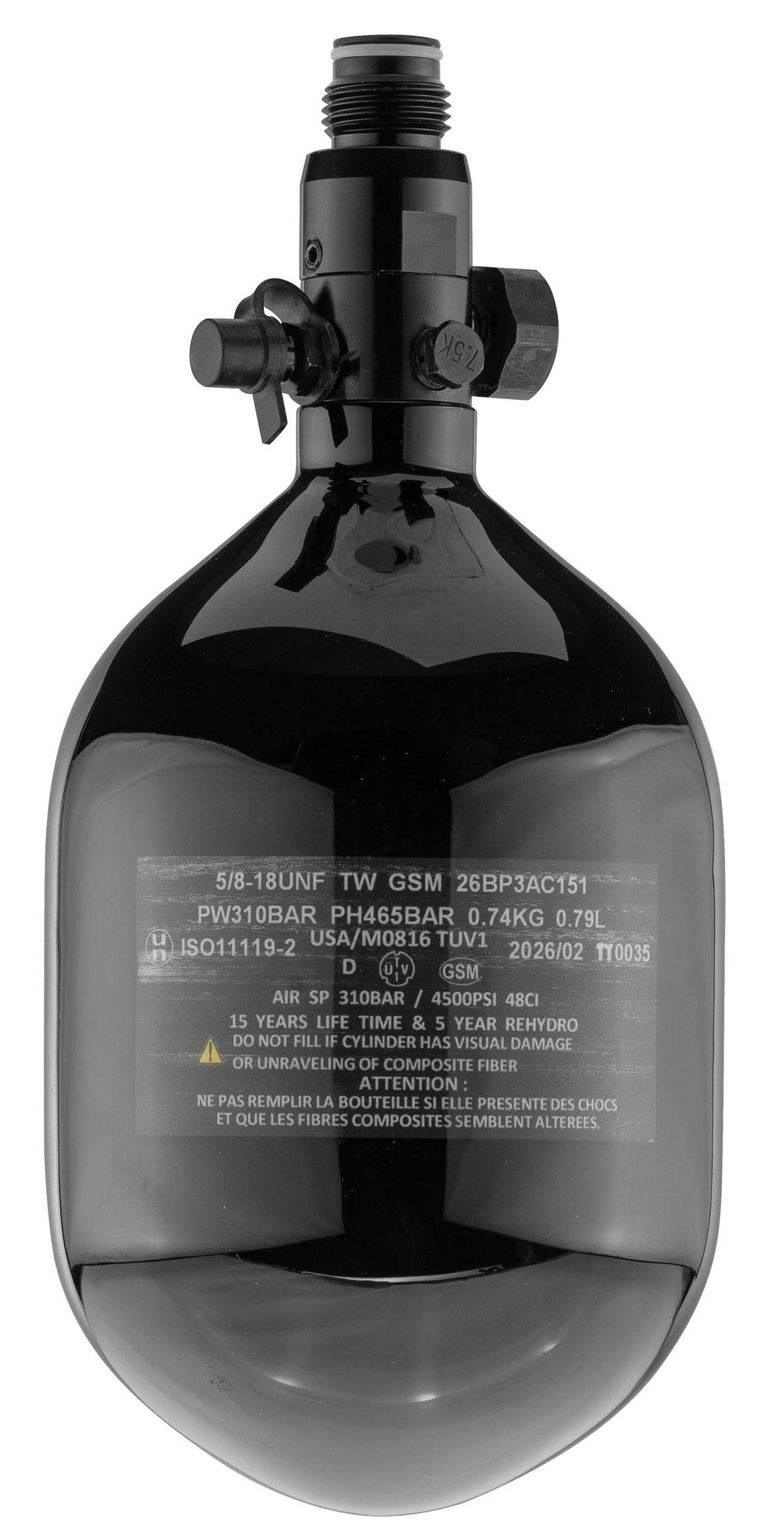 Carbon HPA Tank 4500 PSI, 1,1L med regulator - Sort