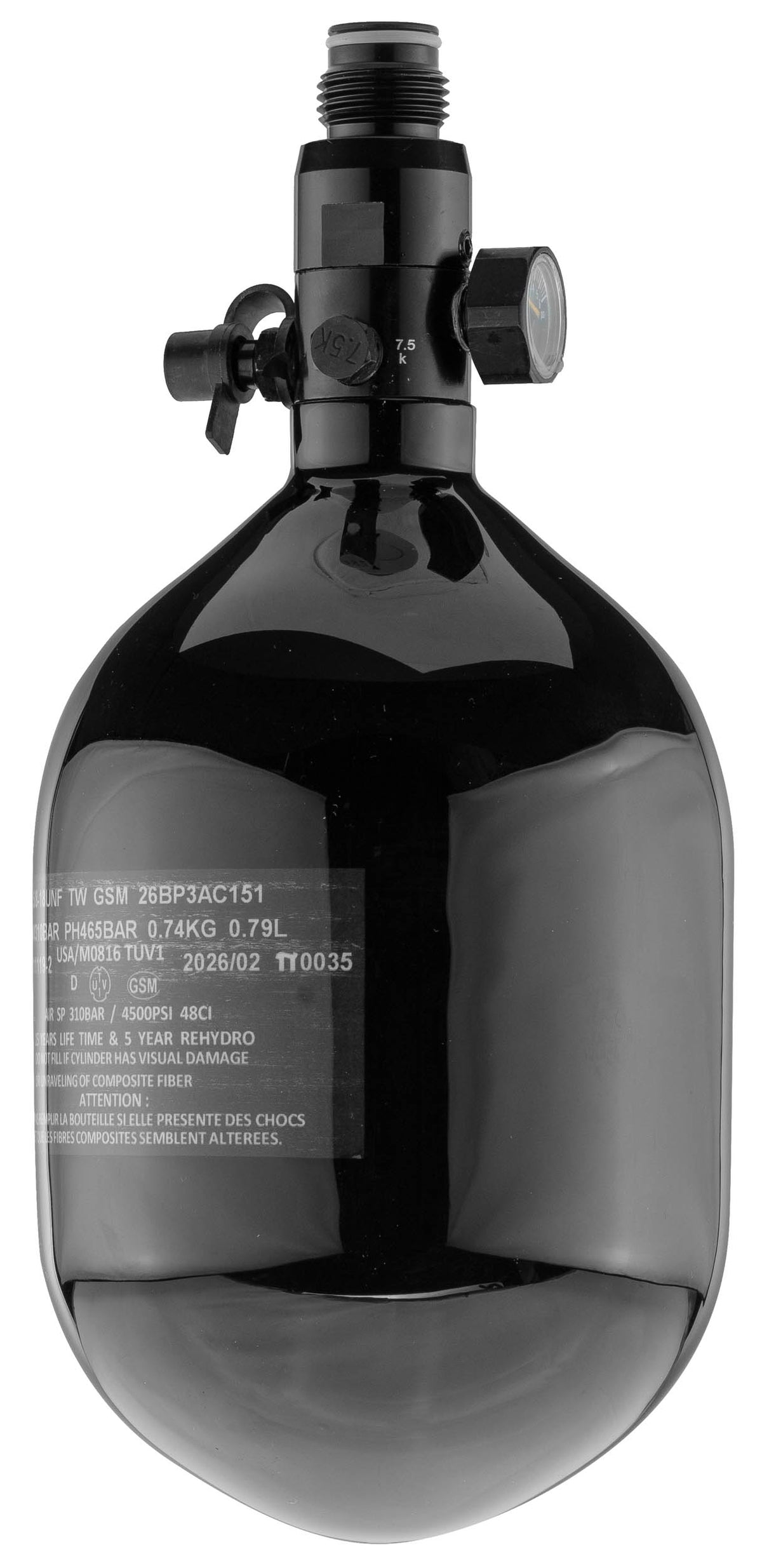 Carbon HPA Tank 4500 PSI, 1,1L med regulator - Sort