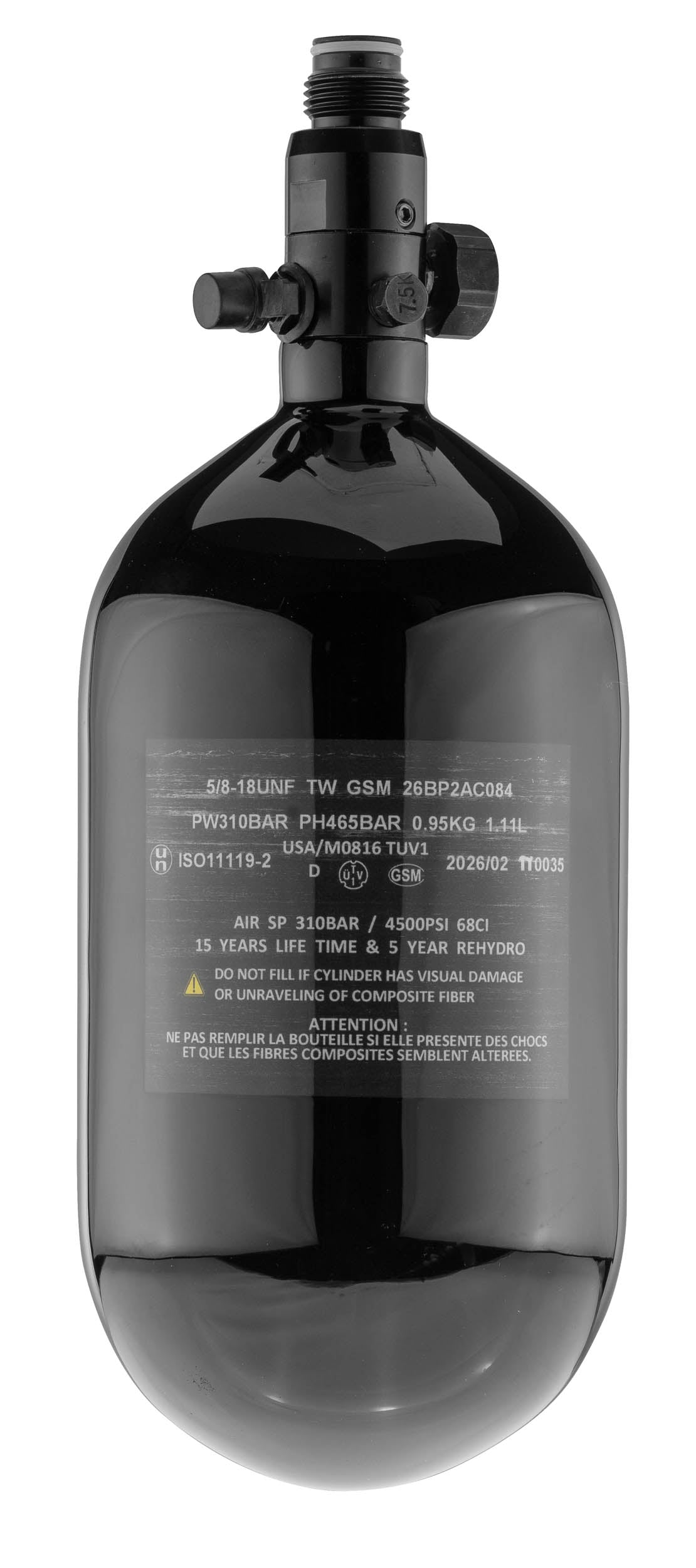 Carbon HPA Tank 4500 PSI, 1,1L med regulator - Sort