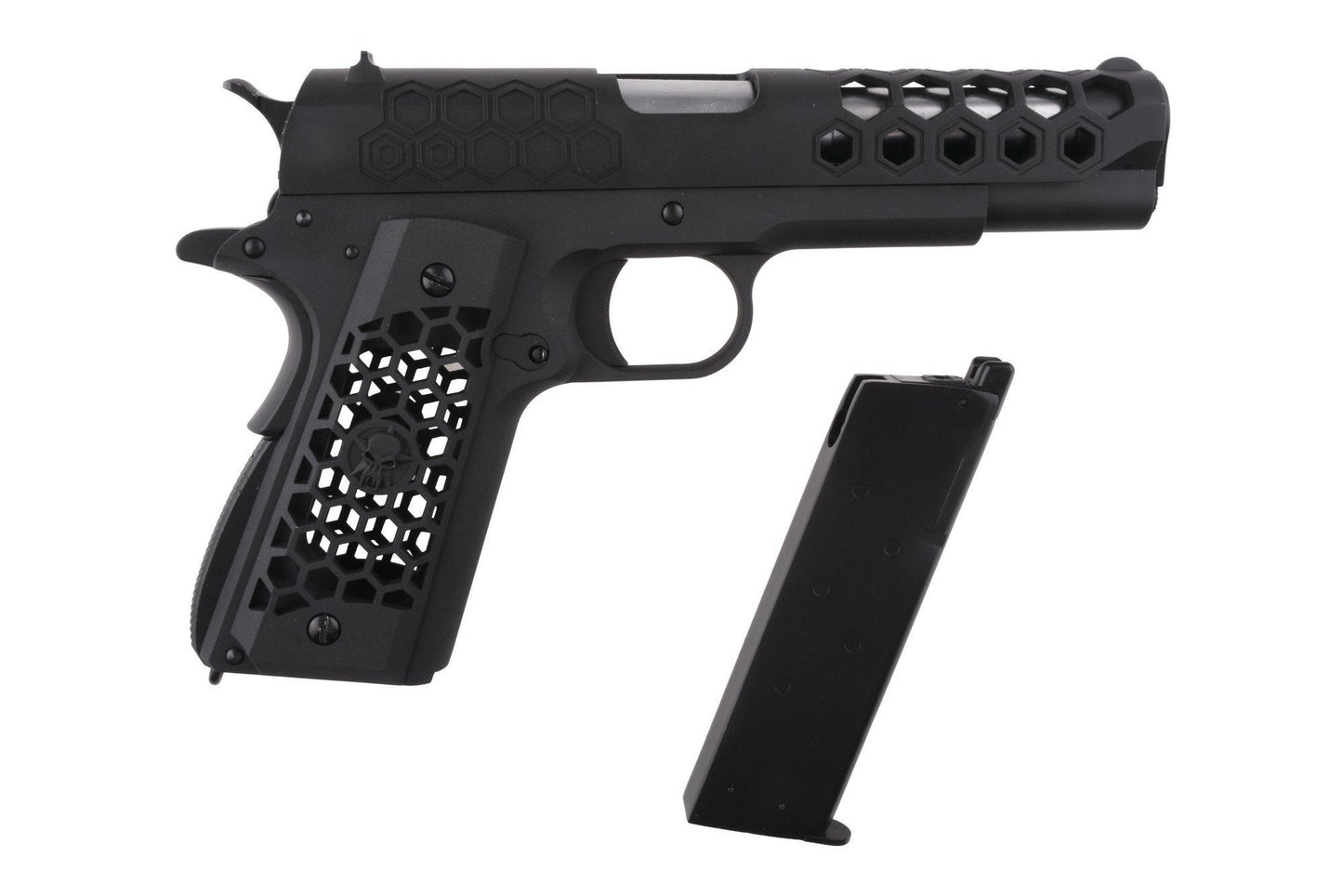 Ufattelig lækker og meget realistisk 1911 fra WE - meget flot og detaljeret HEX mønster udført over Airsoft pistolen. Airsoftgeek.dk tilbyder gratis levering til hele Danmark (Minimum 400 kr) Stort udvalg af Airsoft, Hardball og Softguns til Danmarks billigste priser og omgående levering! 