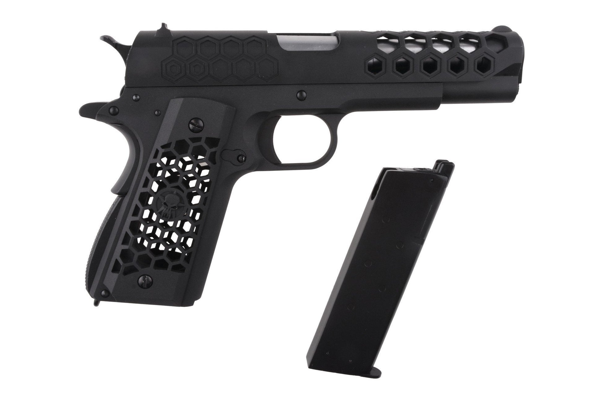 Ufattelig lækker og meget realistisk 1911 fra WE - meget flot og detaljeret HEX mønster udført over Airsoft pistolen. Airsoftgeek.dk tilbyder gratis levering til hele Danmark (Minimum 400 kr) Stort udvalg af Airsoft, Hardball og Softguns til Danmarks billigste priser og omgående levering! 