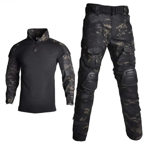 Military Shirt &amp; Pants w/ Knee Pads - Black Multicam